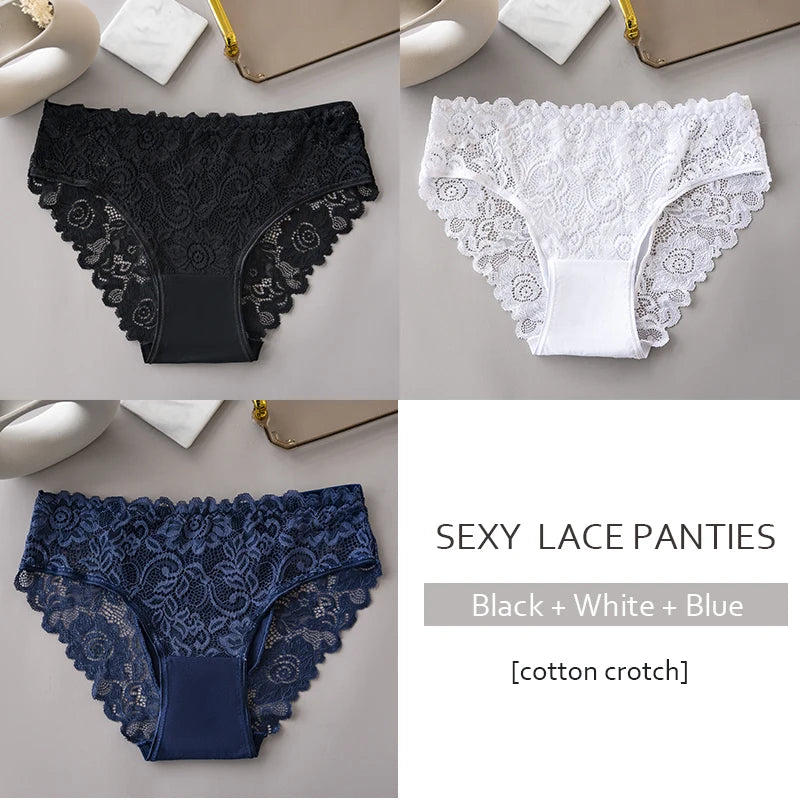 Women’s Lace Briefs 3‑Pack – Floral Embroidery, Mid‑Rise - 3KDyn